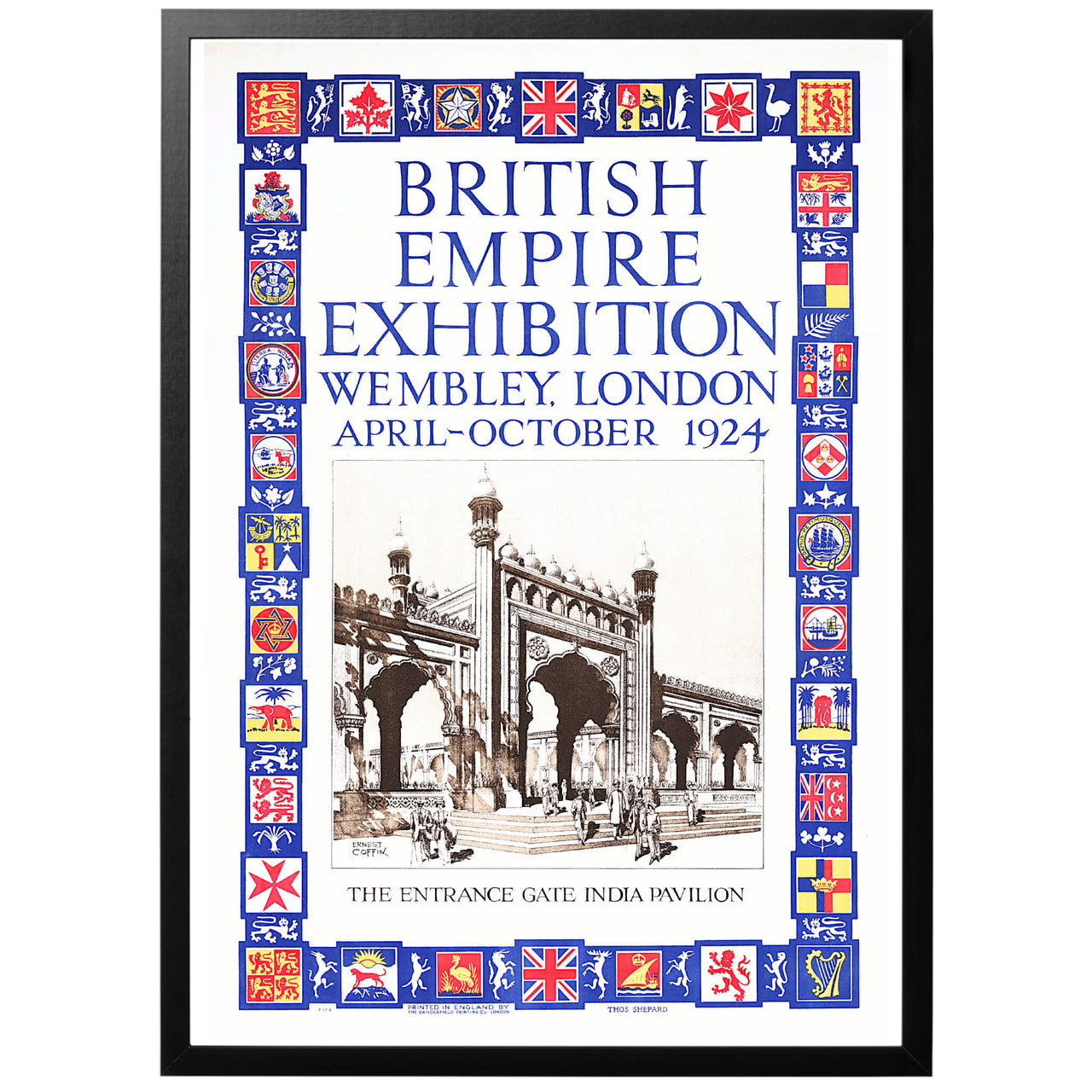 Affisch med reklam för utställningen för det brittiska imperiet som hölls i Wembley Park, Wembley mellan den 23 april 1924 och den 31 oktober 1925. Utställningen var en kolonial utställning med paviljonger som visade 56 av de 58 territorierna i det brittiska imperiet.  Bland annat presenterade utställningen nattliga uppvisningar av RAF nr. 32-skvadronen som flög en flygdisplay som hette"London Defended". Bilderna ovan är ingången till utställningens Indiska paviljong.