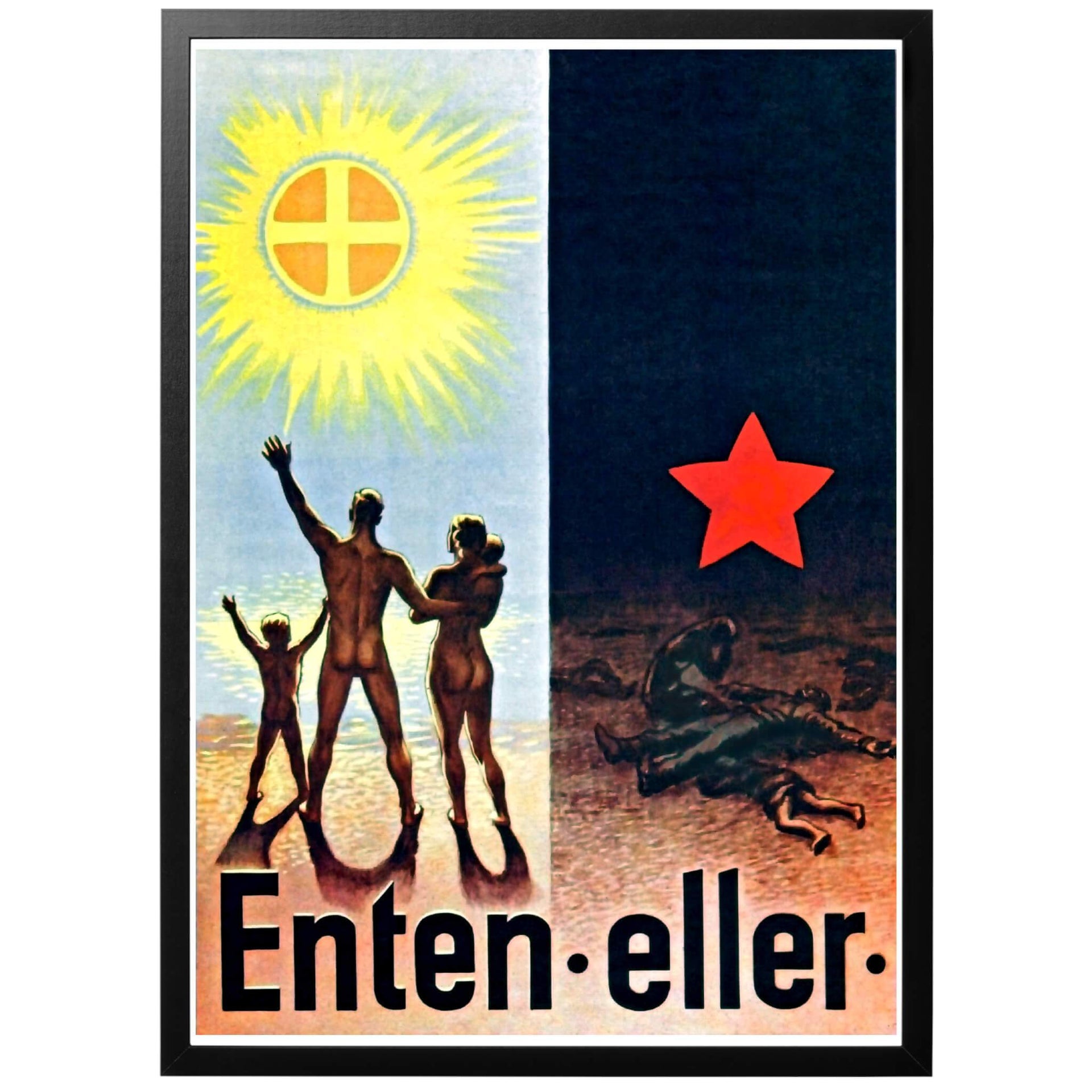 Enten eller  - Antingen eller Norsk WWII affisch. Uppmanar det Norska folket att stödja kampen mot bolsjevismen under andra världskriget. Paradis eller misär - antingen eller. Tryckt i Sverige i vår egen anläggning - på kvalitetspapper från Hahnemühle.