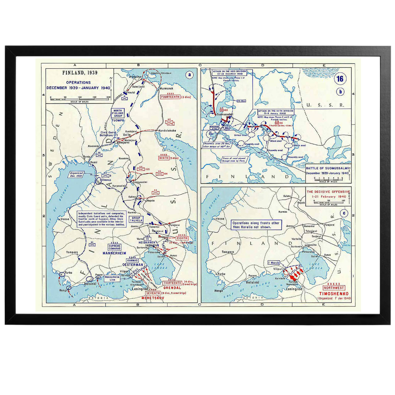 Finska Vinterkriget - Krigskarta från1940. Engelskspråkig karta som visar Sovjets anfall mot Finland under tiden december 1939 - januari 1940. Både finska och sovjetiska divisioner är angivna.