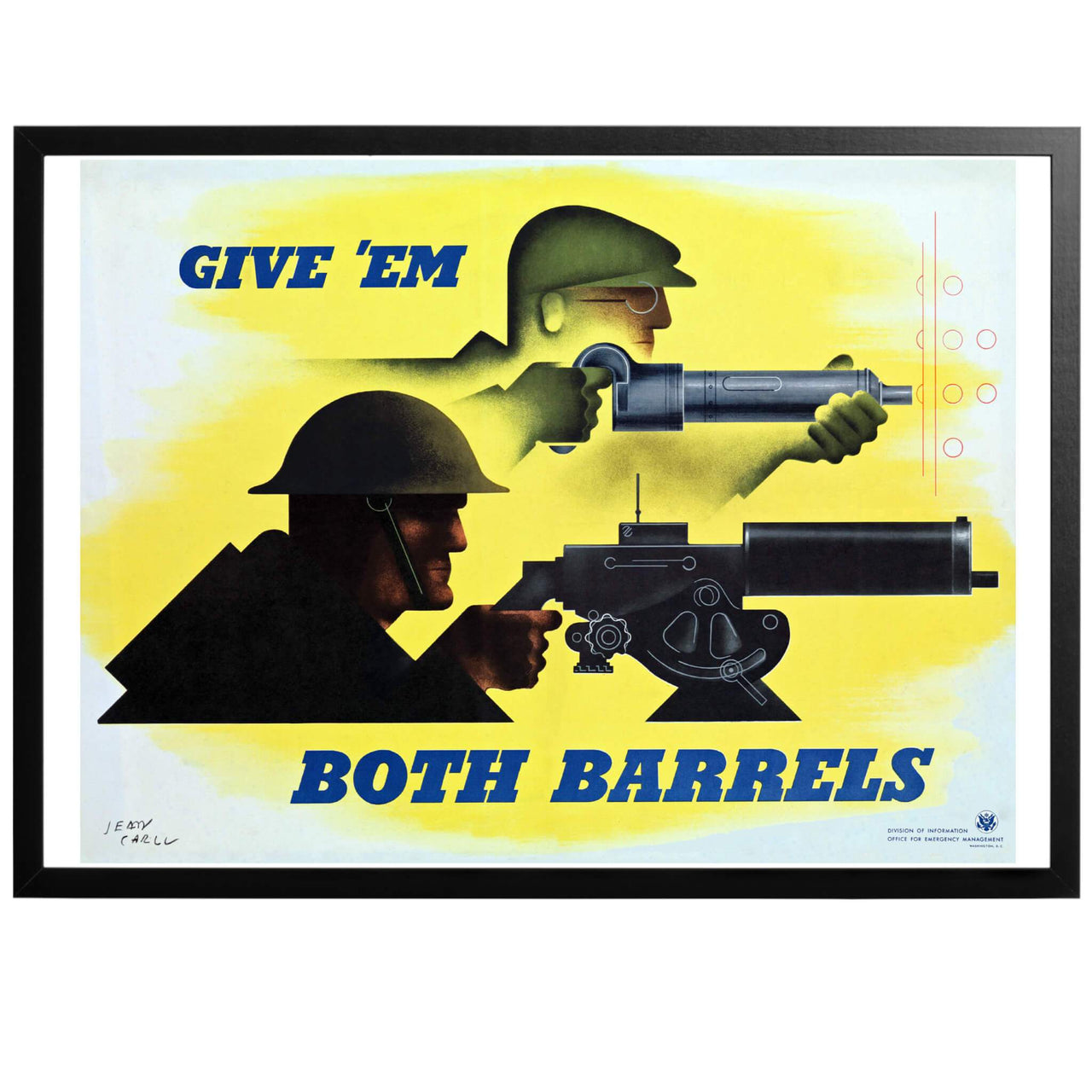 Give 'em both barrels - "Ge dem båda piporna" Amerikansk WWII affisch från 1941 Konstnär: Jean Carlu. En affisch som understryker hemmafrontens betydelse för krigsinsatsen. Både mannen i fabriken och soldaten på fältet måste ge allt! Köp till inramning - vi ramar in din poster, redo att sätta upp på väggen!