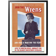 Join the Wrens and free a man for the fleet  - Anslut dig till Wrens och frigör en man till flottan" Brittisk WWII affisch. The Women's Royal Naval Service (WRENS) var den kvinnliga grenen i Royal Navy. Medlemmarna arbetade som kockar, biträden, telegrafister, elektriker och flygmekaniker.