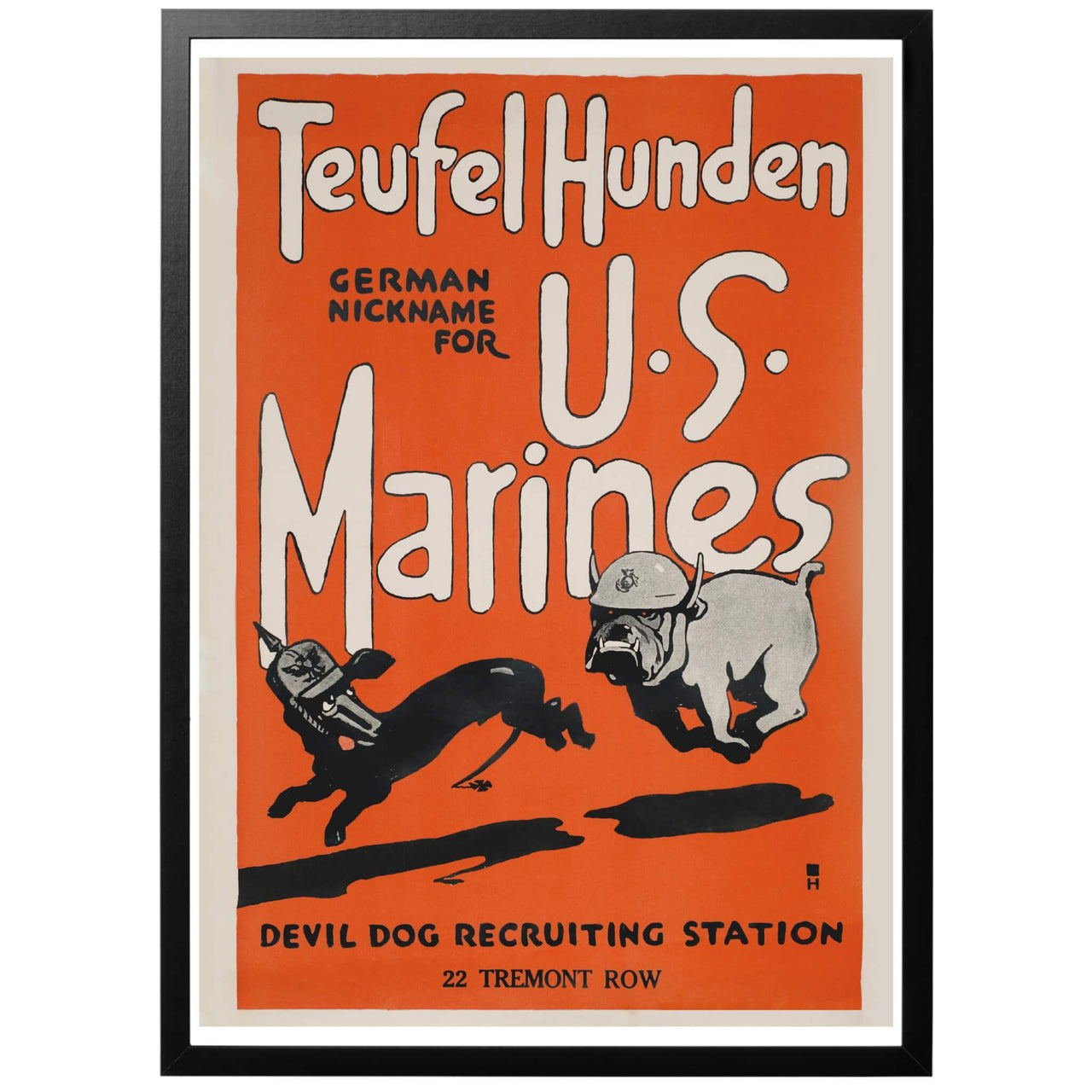 Teufel Hunden - German nickname for US Marines - Amerikansk första världskrigsaffisch där Marinkårens fruktade rykte hos tyskarna på ett komiskt sätt illustreras. En intressant aspekt på postern är felstavningen på "Teufel Hunden" (Djävulshundarna) - ordet skrivs egentligen "Teufelhunde". 