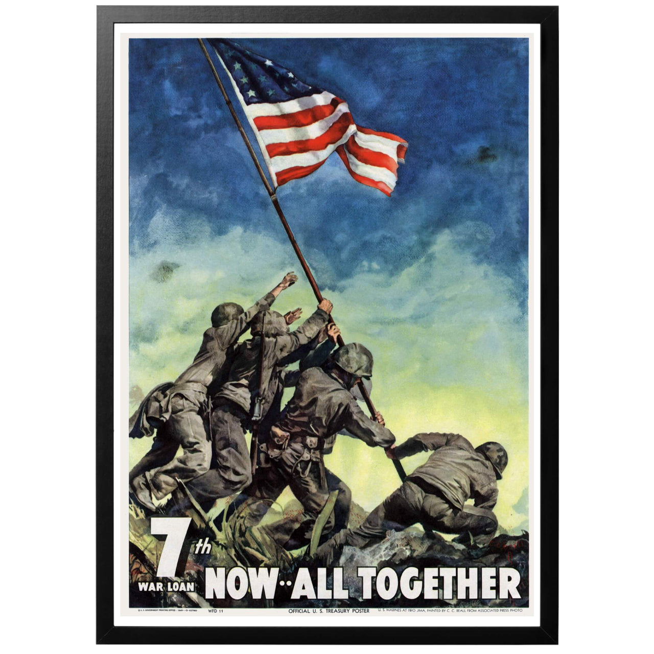 7ht war loan - Amerikansk andra världskriget propagandaposter föreställande solder resande USA:s flagga på Iwo Jima