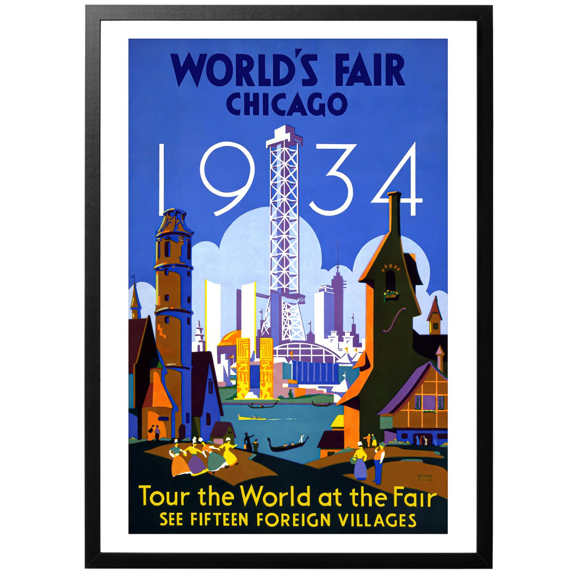 Världsmässan Chicago 1934 vintage reseposter med ram