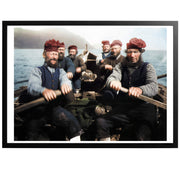 Färöiska fiskare på en båt, med ram.