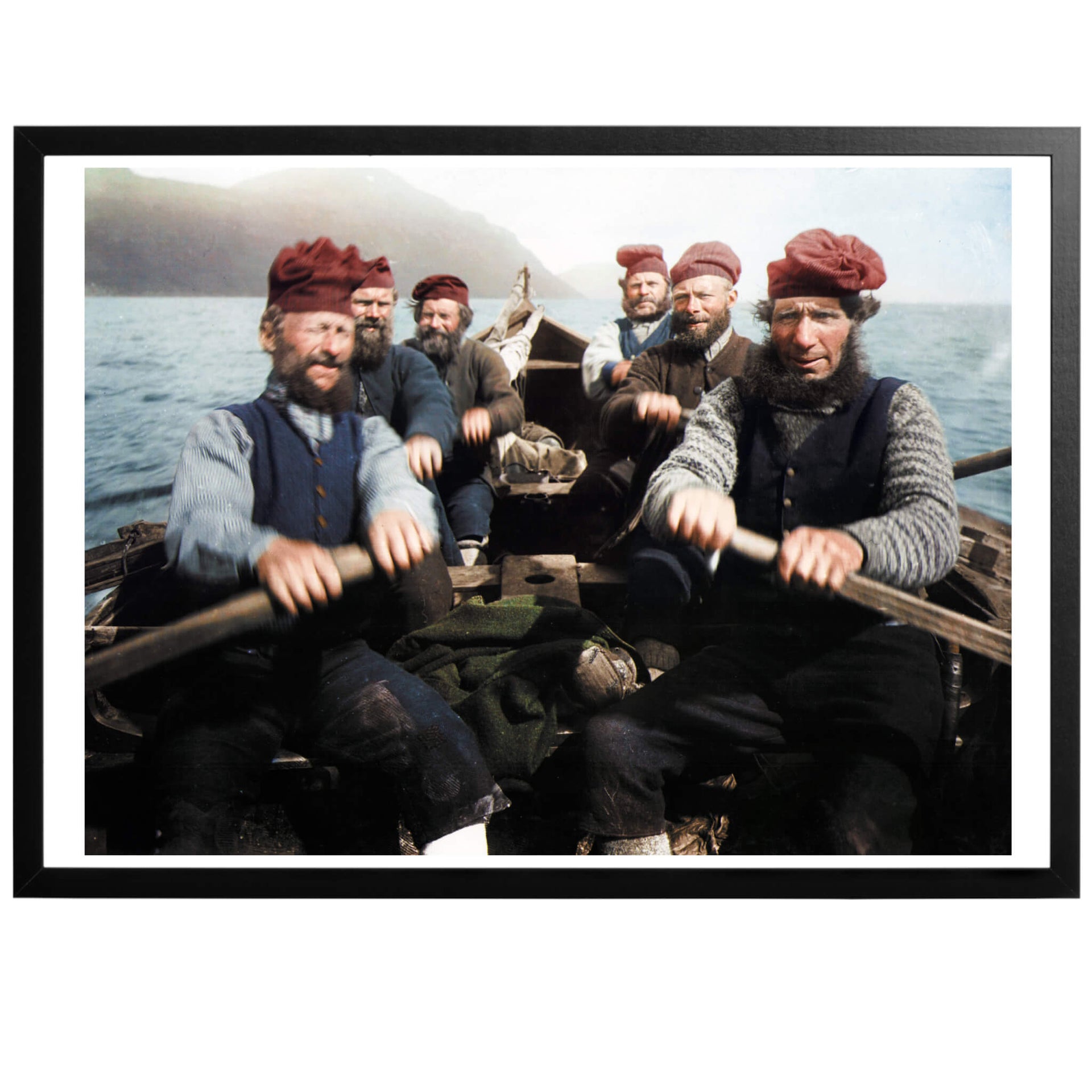 Färöiska fiskare på en båt, med ram.