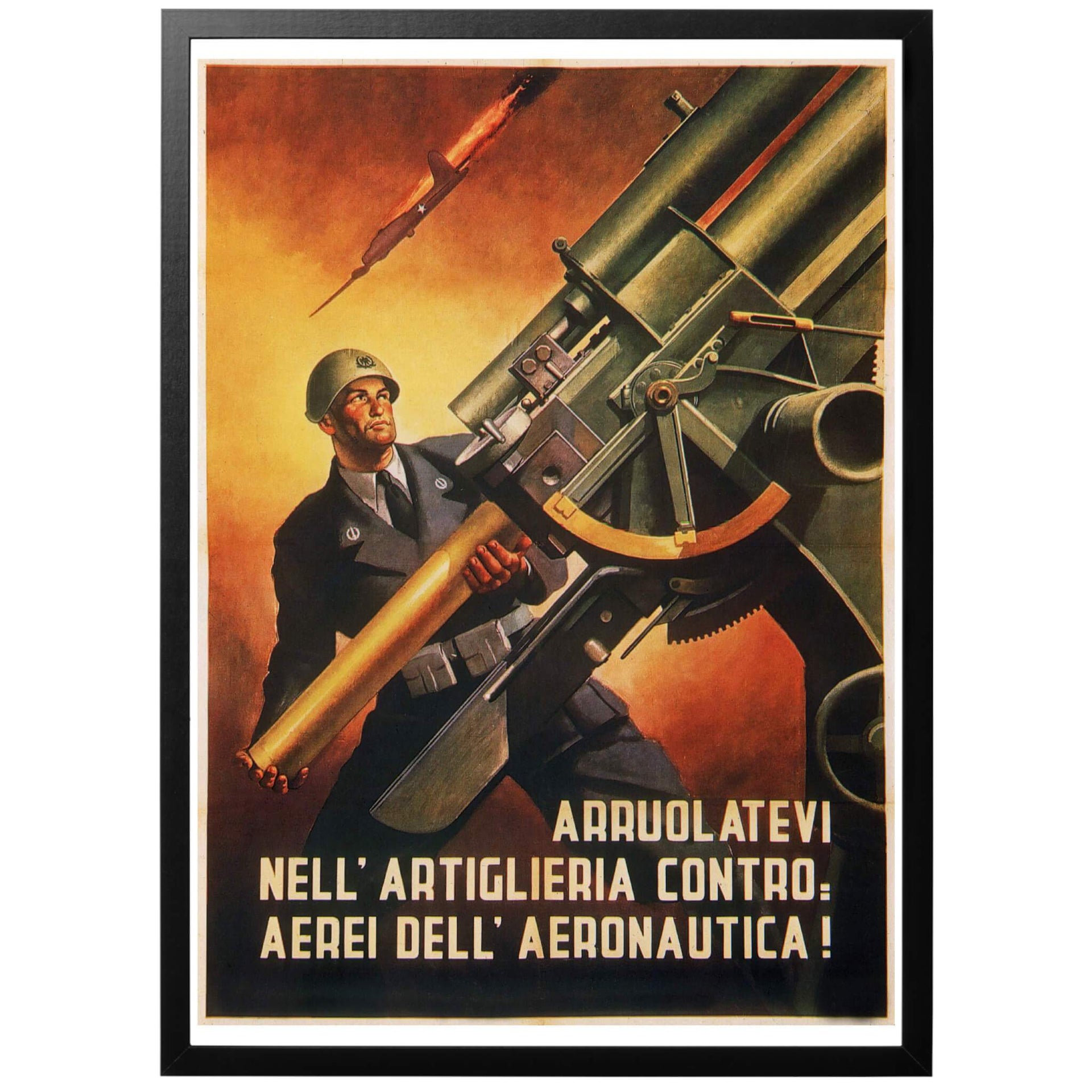 Arruolatevi Nell' artiglieria Contro: Aerei dell' aeronatica Sv - "Gå med i luftvärnet" Italiensk WWII affisch från 1944 och den s.k Saló-republiken. Digitalt restaurerad för bästa tryck!