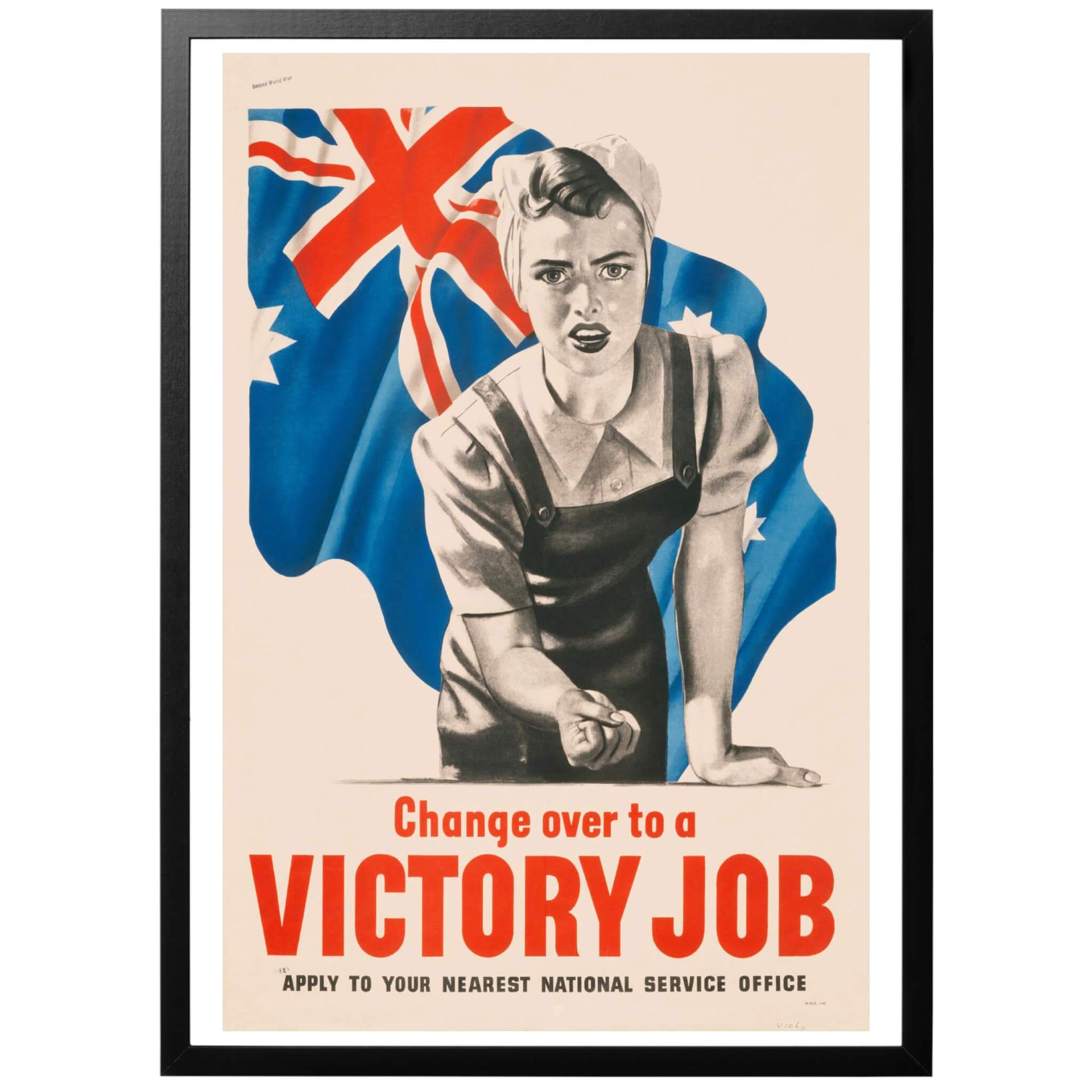 Change over to a Victory job - Byt till ett segerarbete- Australisk poster tryckt 1940, nytryckt i superkvalité av World War Era på kvalitetspapper från välkända Hahnemühle. Välj till ram och få din poster inramad och klar - redo att sättas upp på väggen. 