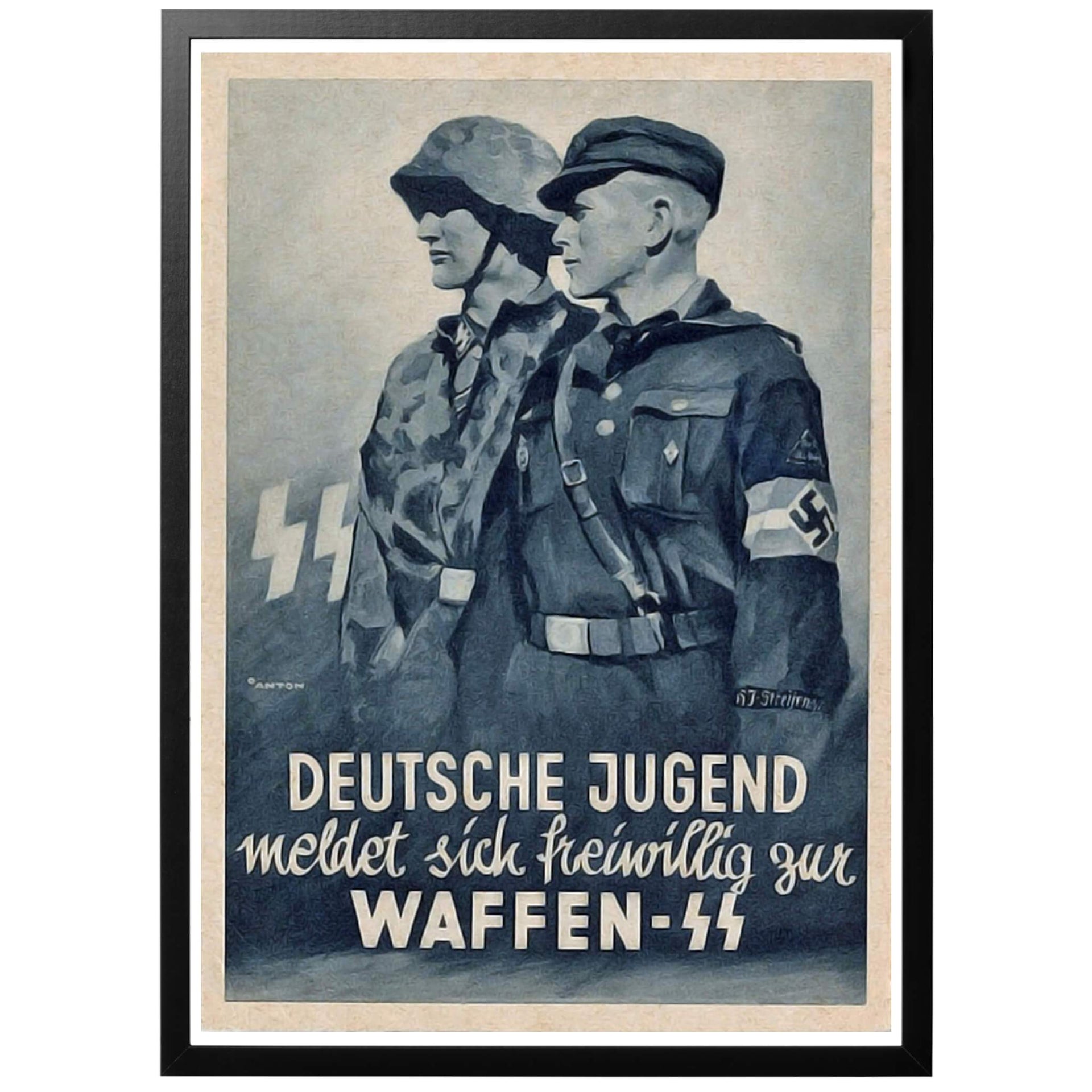 Deutsche Jugend meldet sich freiwillig zur Waffen SS Tyska ungdomar anmäl er frivilliga till Waffen SS - Tysk WWII rekryteringsaffisch för Waffen-SS, utgiven 1942. Skapad av välkände konstnären Ottomar Anton. Köp trycket här - vi trycker med den bästa utrustningen för bästa resultat!