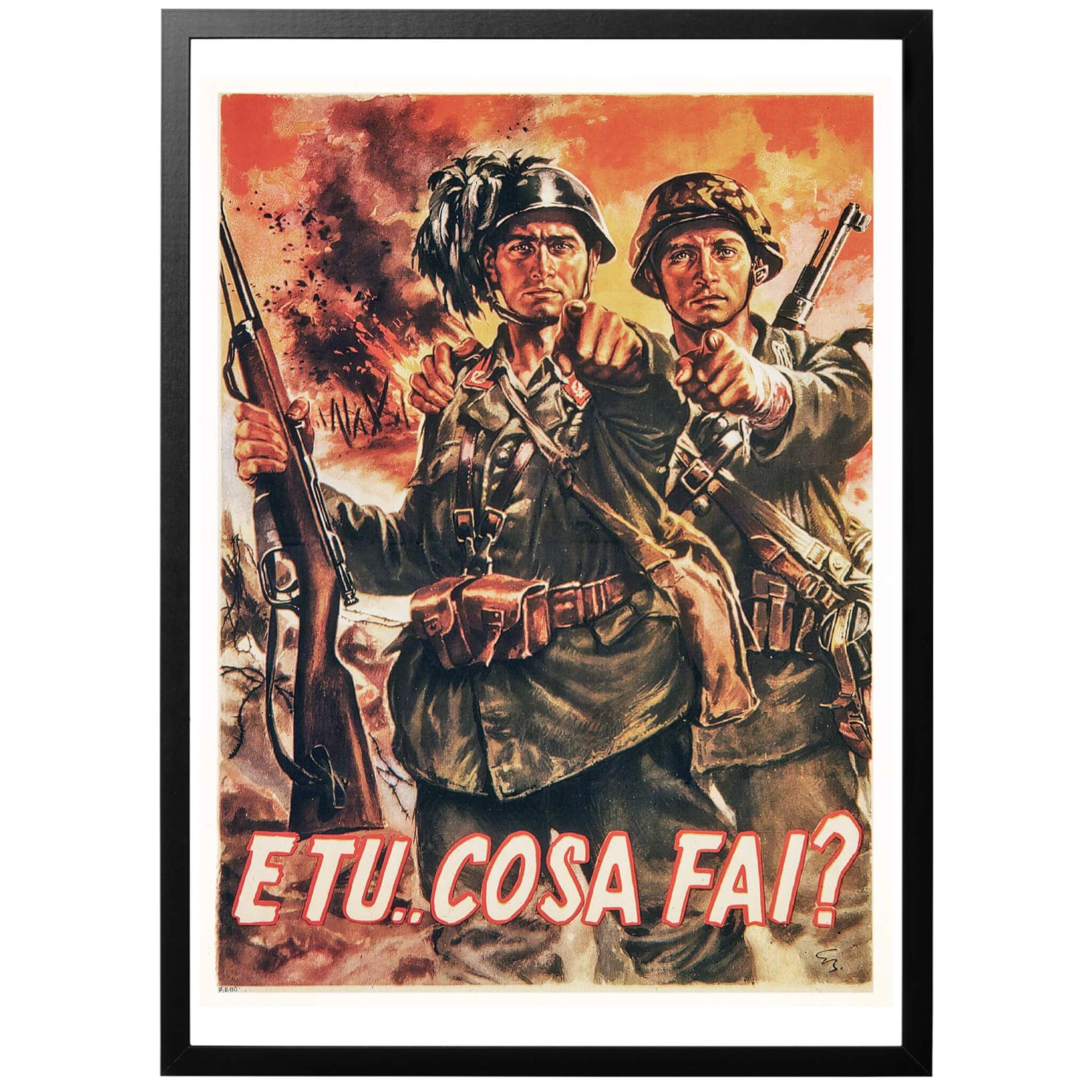 Italiensk WWII propagandaposter - Italiensk propagandaposter från tiden för Salórepubliken, då Italien delats i två delar med ett allierat syd och ett fasciststyrt nord. Allierade styrkor avancerade långsamt norrut, hindrade av italienska och tyska styrkor som gjorde ett våldsamt motstånd.