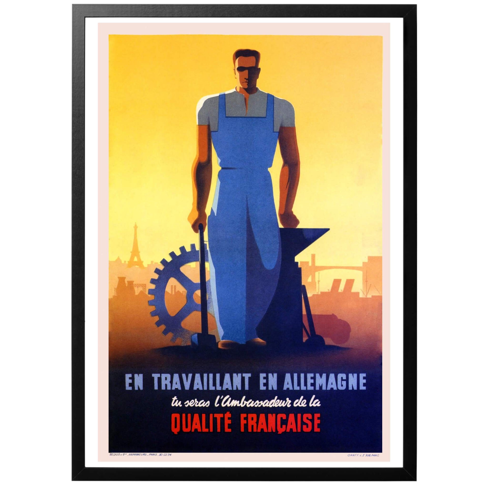 Som arbetare i Tyskland är du en ambassadör för fransk kvalité - Fransk WWII poster från 1943 för att locka franska arbetare till Tyskland. En färgglad och kraftfull poster som användes mycket i det ockuperade Frankrike. Köp den hos oss - vi skickar med PostNord!