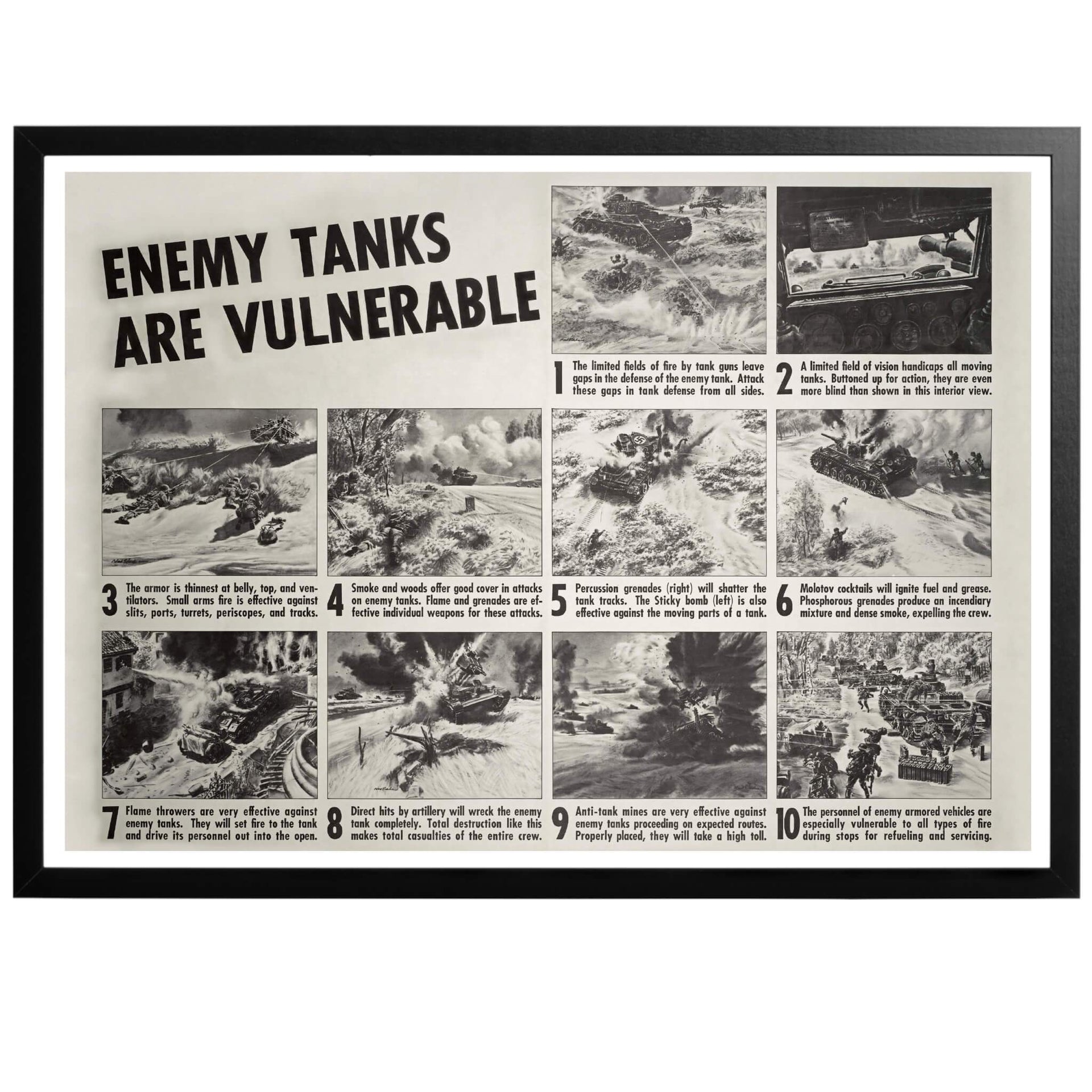 Enemy tanks are vunerable - Fientliga stridsvagnar år sårbara! Amerikansk WWII instruktionsaffisch. Tio stycken instruktiva miniatyrbilder som visar hur man slår ut fientliga stridsvagnar. Under andra världskriget trodde många allierade soldater att tyska stridsvagnar var omöjliga att slå ut.