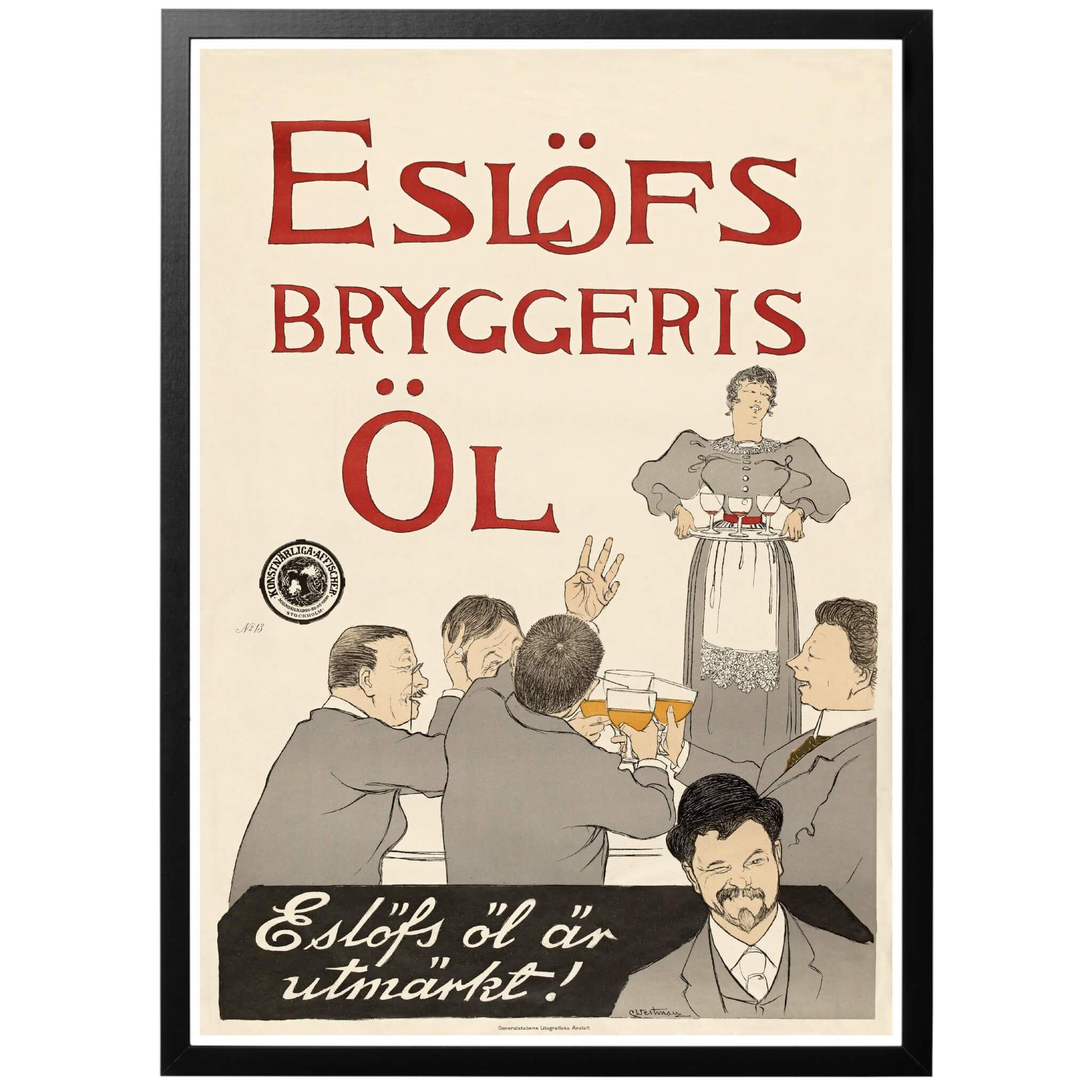 Eslöfs Bryggeris Öl - Eslöfs öl är utmärkt Svensk ölaffisch från 1896. En riktigt snygg poster som passar vilken vägg som helst! Välj till ram så ramar vi in din affisch kostnadsfritt! Frakt med PostNord.