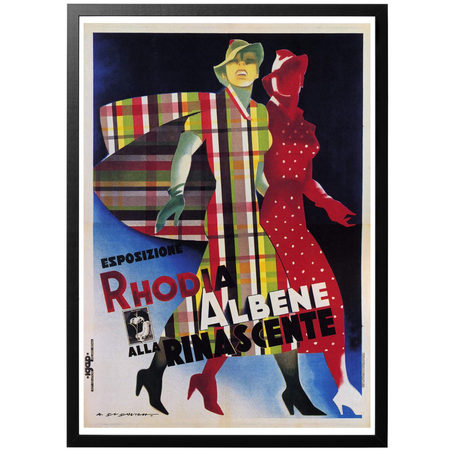 Esposizione Rhodia Albene alla Rinascente - Utställning av Rhodia Albene på Rinascente. Italiensk modeaffisch från 1936 - en väldigt elegant och snygg poster! Köp den hos World War Era!