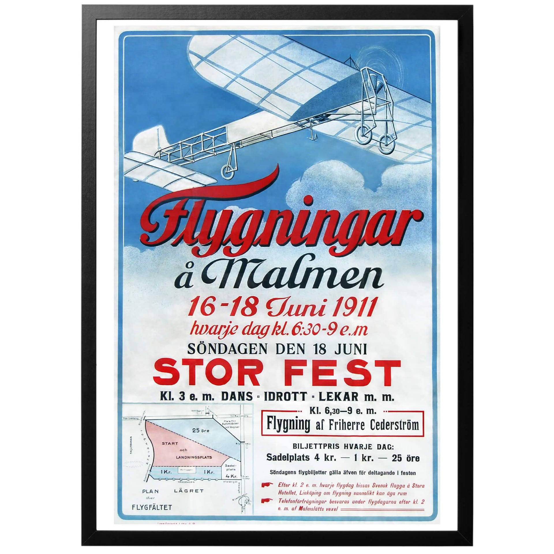 Flygningar å Malmen 16-18 juni 1911 - Stor Fest! Svensk flygaffisch från 1911. En ovanlig affisch som vi lagt ner mycket tid på att restaurera, Köp den hos World War Era!