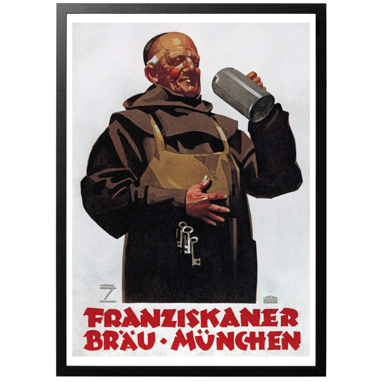 Franziskaner Bräu-München Tysk ölaffisch 1935. Konstnär Ludwig Hohlwein. Tysk vintage öl-poster, skapad av Ludwig Hohlwein, föreställande en munk av Franziskaner-ordern som håller sig för magen och dricker öl, bryggt av munkarna, så kallad klosteröl.  Köp postern hos oss!