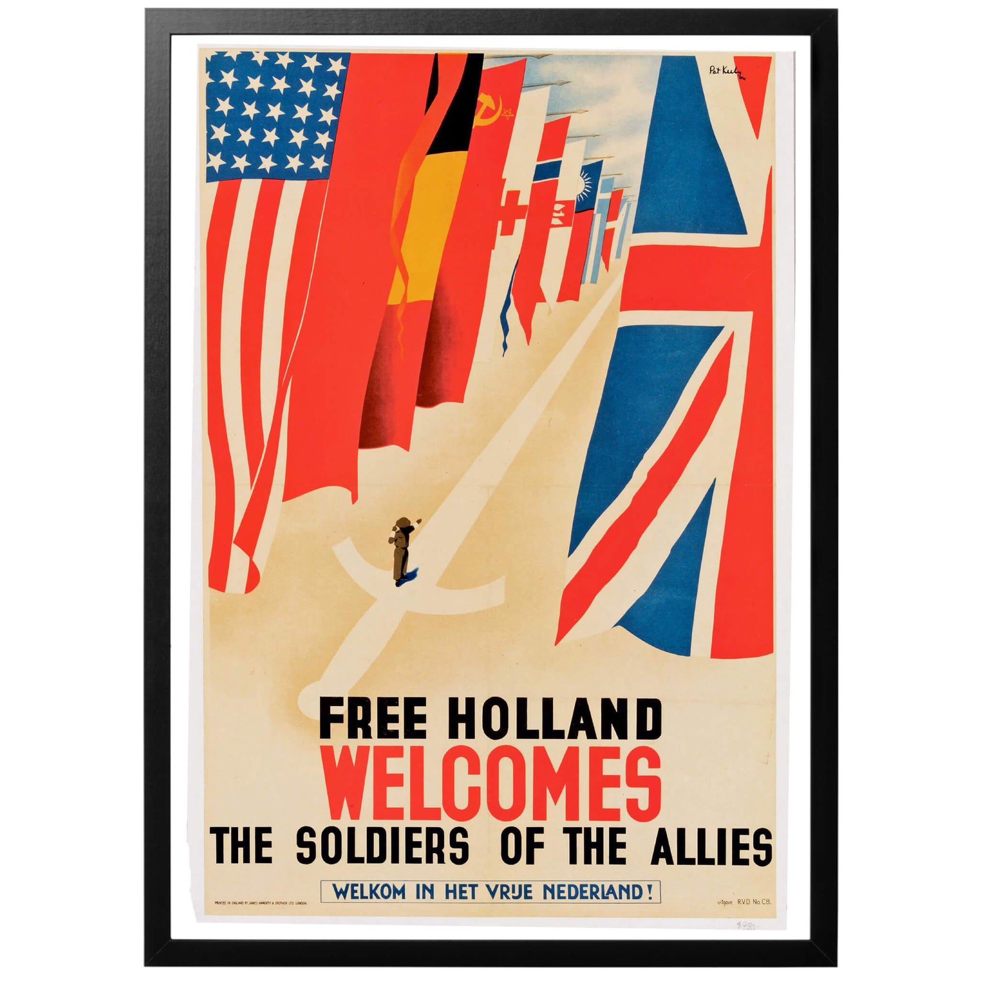 Free Holland Welcomes the soldiers of the Allies - Fria Holland välkomnar de Allierade Soldaterna. Nederländsk/Brittisk WWII affisch från 1944. Färgglad och grafiskt mycket tilltalande affisch från 1944, framtagen i Storbritannien av den kände konstnären Pat Keely. Vi skickar med PostNord.