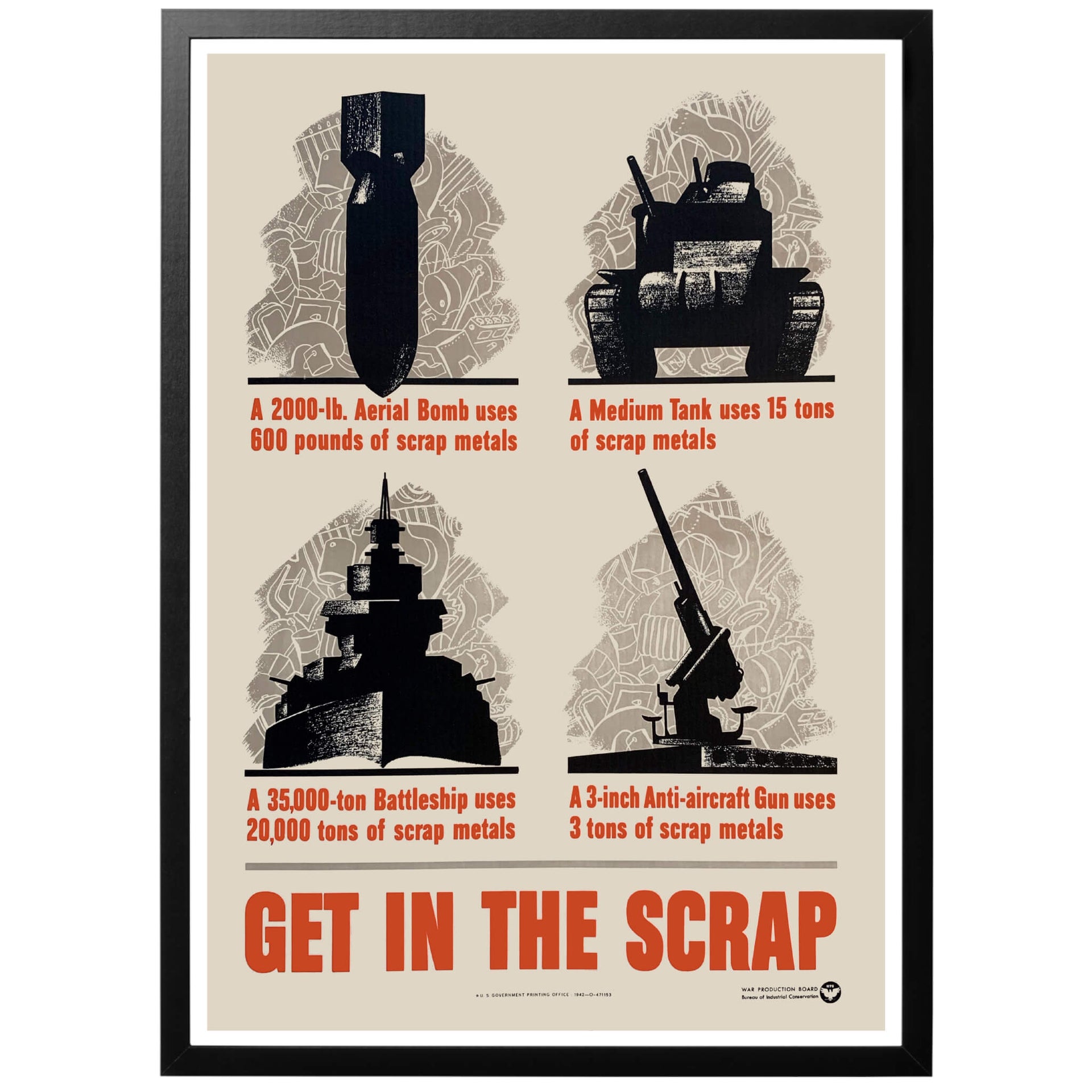 Get in the Scrap Få in skrotet- Amerikansk WWII affisch från 1942 som uppmanar till återvinning av skrotmetall. Vi skickar med PostNord.