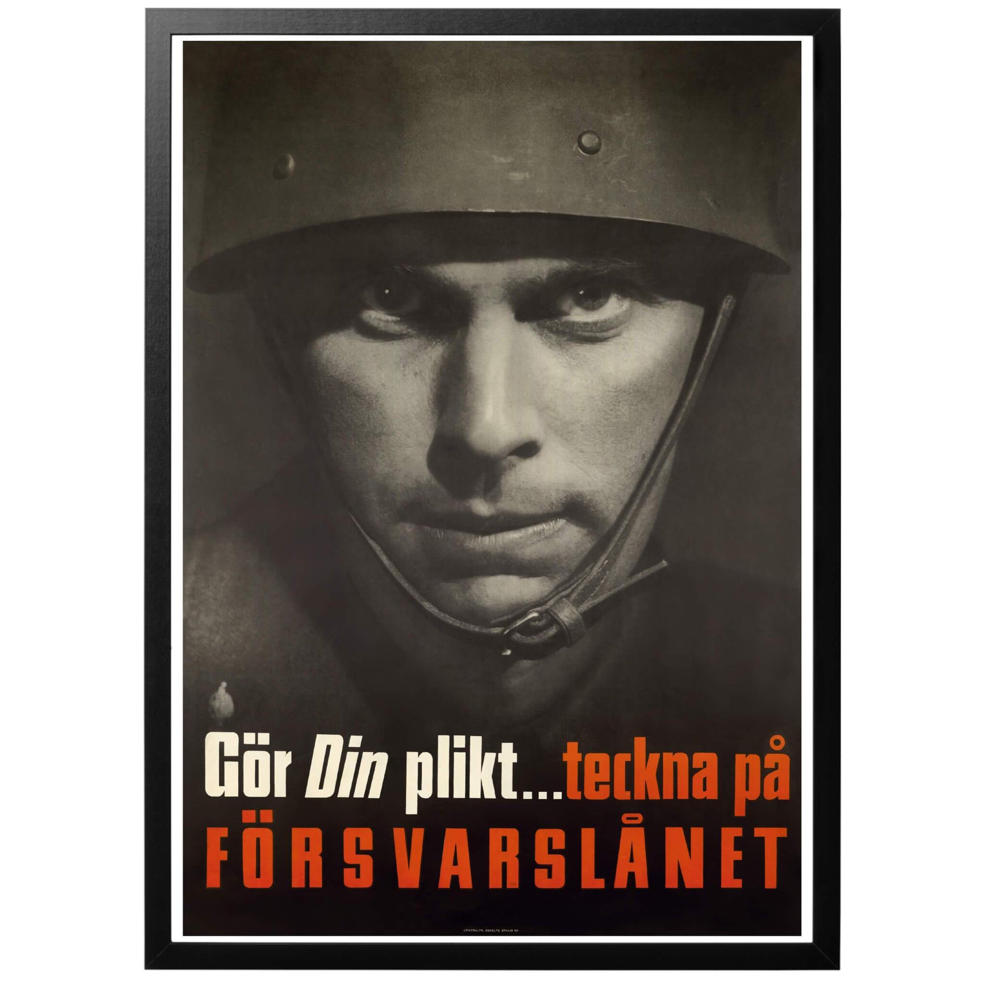 Gör din plikt teckna på försvarslånet Svensk militärposter från 1940. Affischen var en av de som lanserades i första försvarslånskampanjen och föreställde en soldat som vädjar till folket att göra sin plikt och köpa försvarsobligationer.