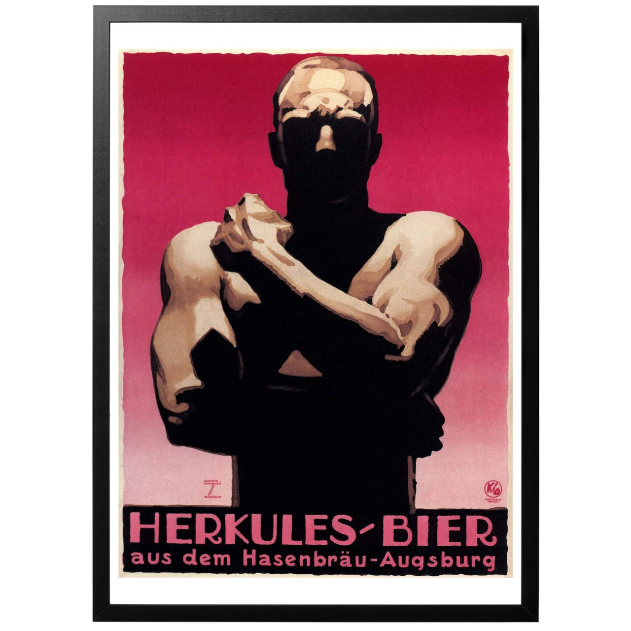 Herkules Bier aus dem Hasenbräu-Augsburg - "Herkules öl från Hasenbräu-Augsburg" Tysk reklamaffisch från 1926 som marknadsför ölen Herkules från Hasenbräu-Augsburg. I bakgrunden en muskulös man - kanske Herkules själv?