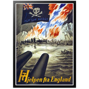 H7jelpen Fra England - Norsk WWII affisch från 1941 av konstnär Harald Damsleth. Norsk propagandaposter från andra världskriget och det ockuperade Norge. Postern, som framställdes på order av det styrande partiet Nasjonal Samling (NS), uppmanar Norge att inte lita på britterna och de allierade. 