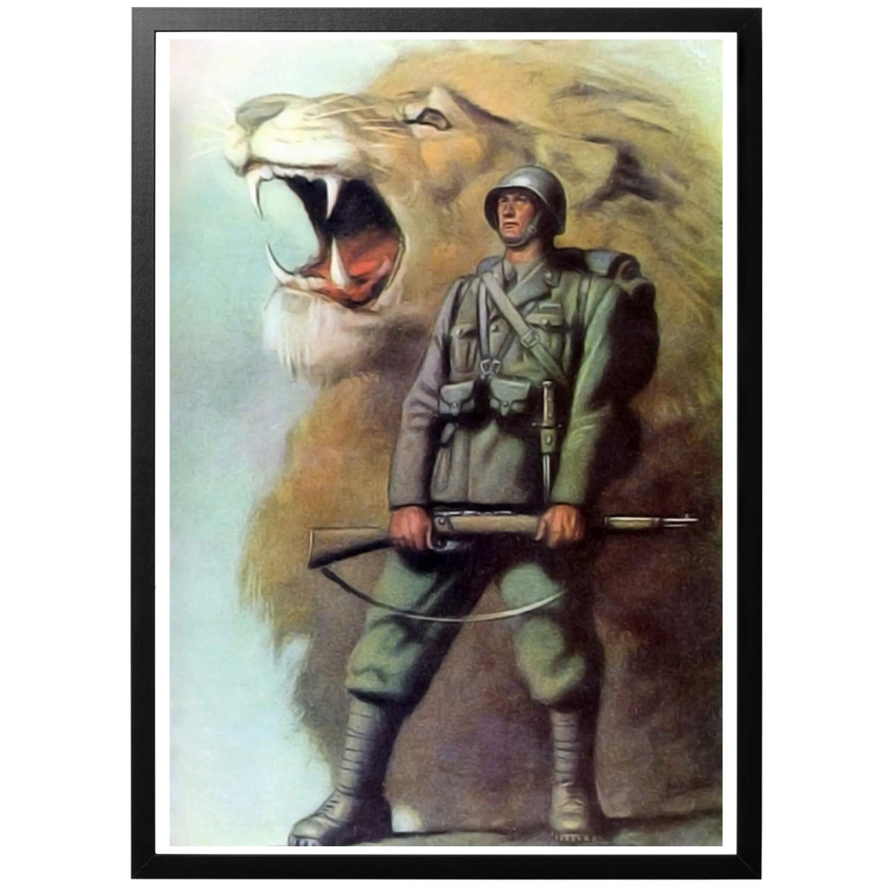 I lions Italiani - "Italiens lejon" Italiensk WWII affisch från 1941 av Gino Boccasile. En kraftfull poster för att höja moralen hos den Italienska armén. Tryckt i vår egen anläggning i Sverige. Välj till ram - och få din poster inramad och klar! Frakt 59 kr inom Sverige - fri frakt från 450 kr!