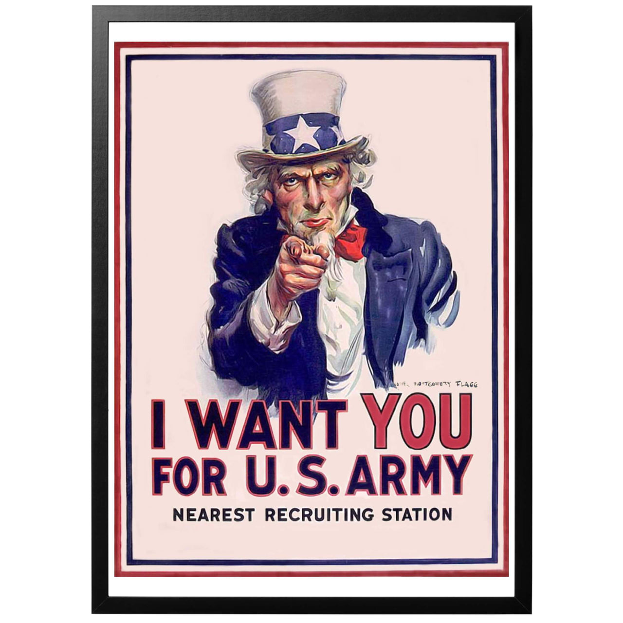 I want you for US army Sv - "Jag vill ha dig för amerikanska armén" Amerikansk WWI och WWII affisch från 1917. Konstnär: J.M. Flagg. Kanske det mest klassiska och kända av alla propagandatryck. Uncle Sam, en personifiering av amerikanska staten.