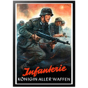Infanterie - Königin aller Waffen - Infanteri - alla vapens drottning"Tysk WWII affisch . Tysk Wehrmacht propagandaposter från andra världskriget. Ett fartfyllt motiv föreställande en högt dekorerad soldat stormande framåt med kamrater. 