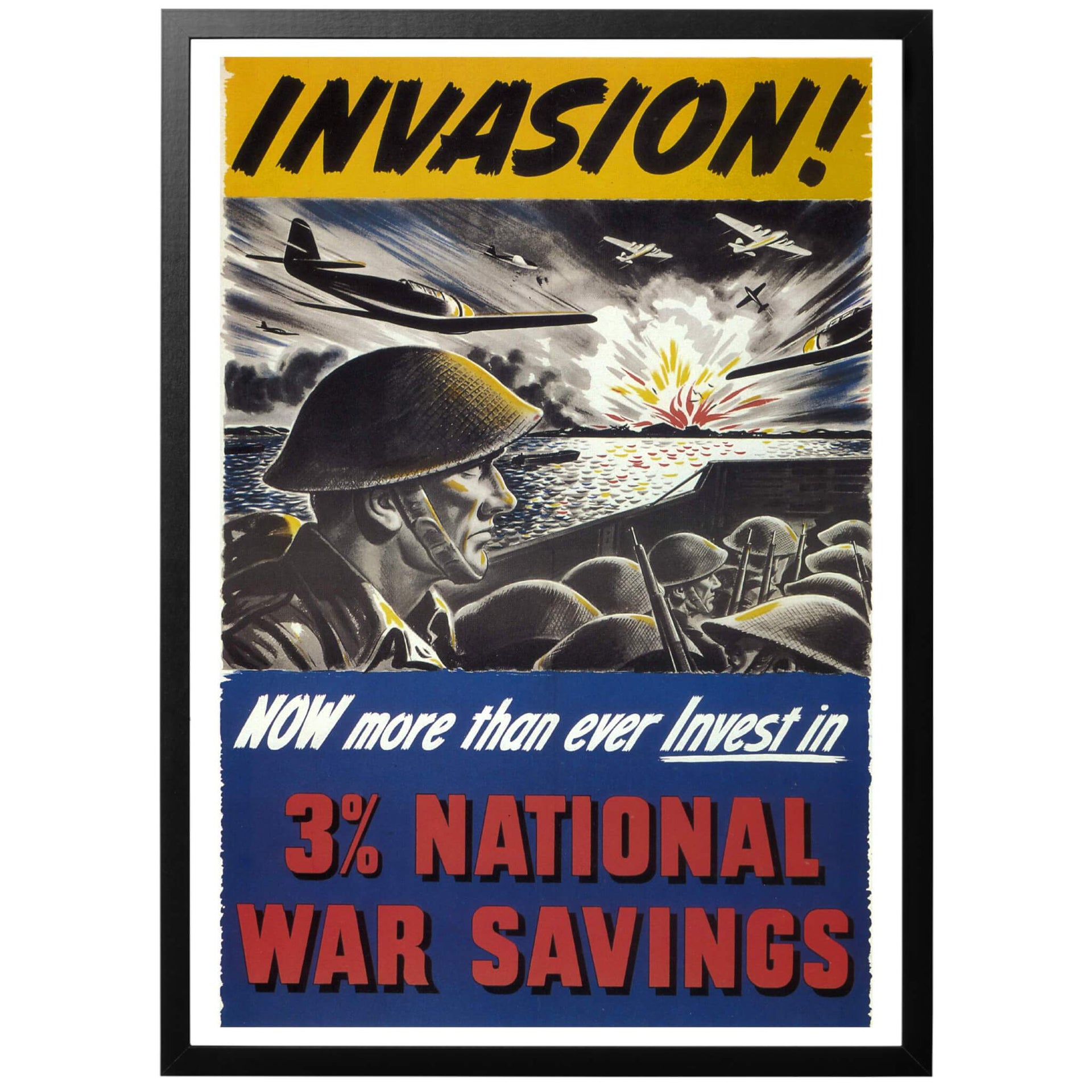INVASION - Now more than ever invest in 3% National War Savings Sv - "INVASION - Nu mer än någonsin, investera i 3% nationella krigsobligationer" Brittisk WWII affisch från 1942. En serietidningsliknande affisch som gör reklam för krigsobligationer.