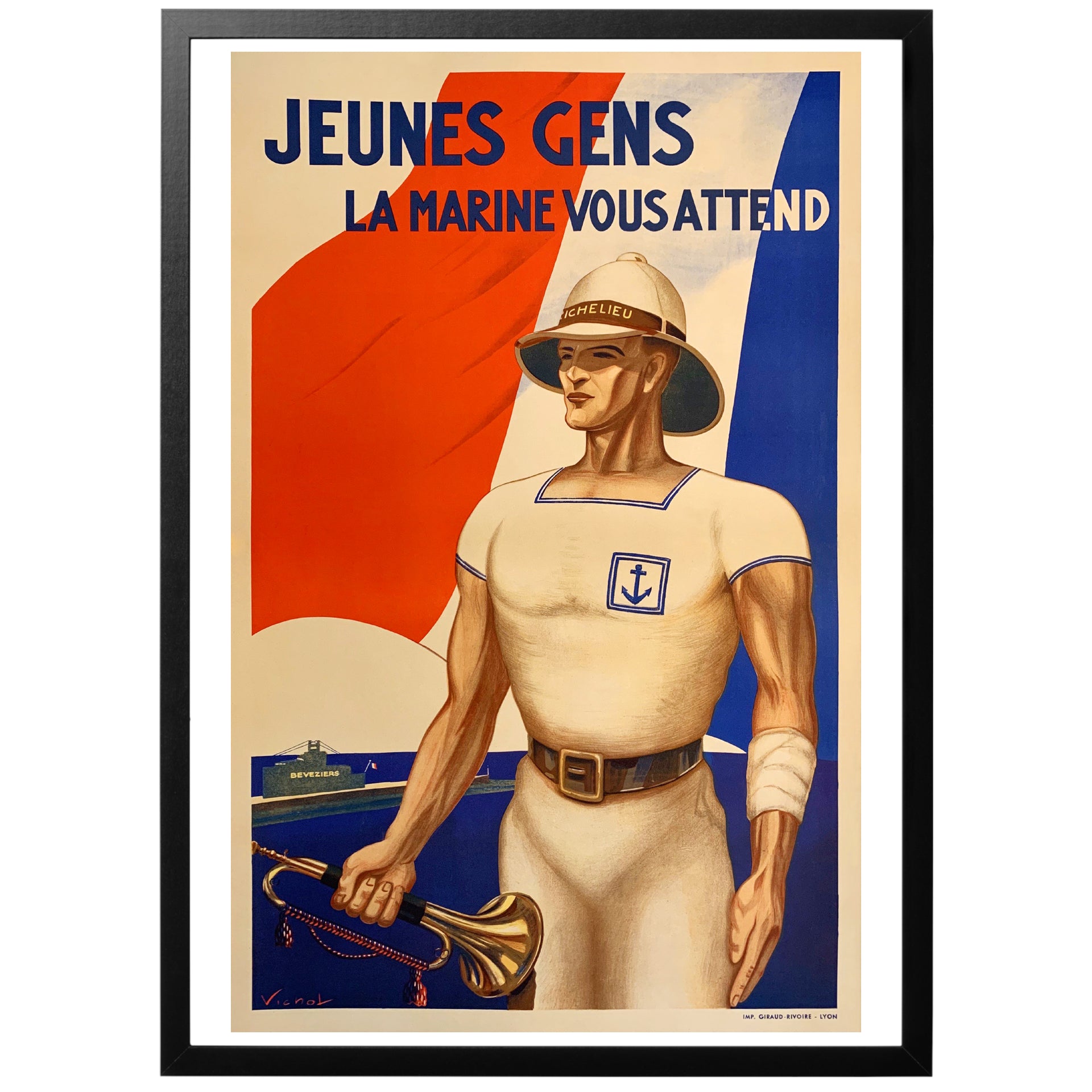 Unga män, Marinen väntar på dig vintage fransk poster med ram 