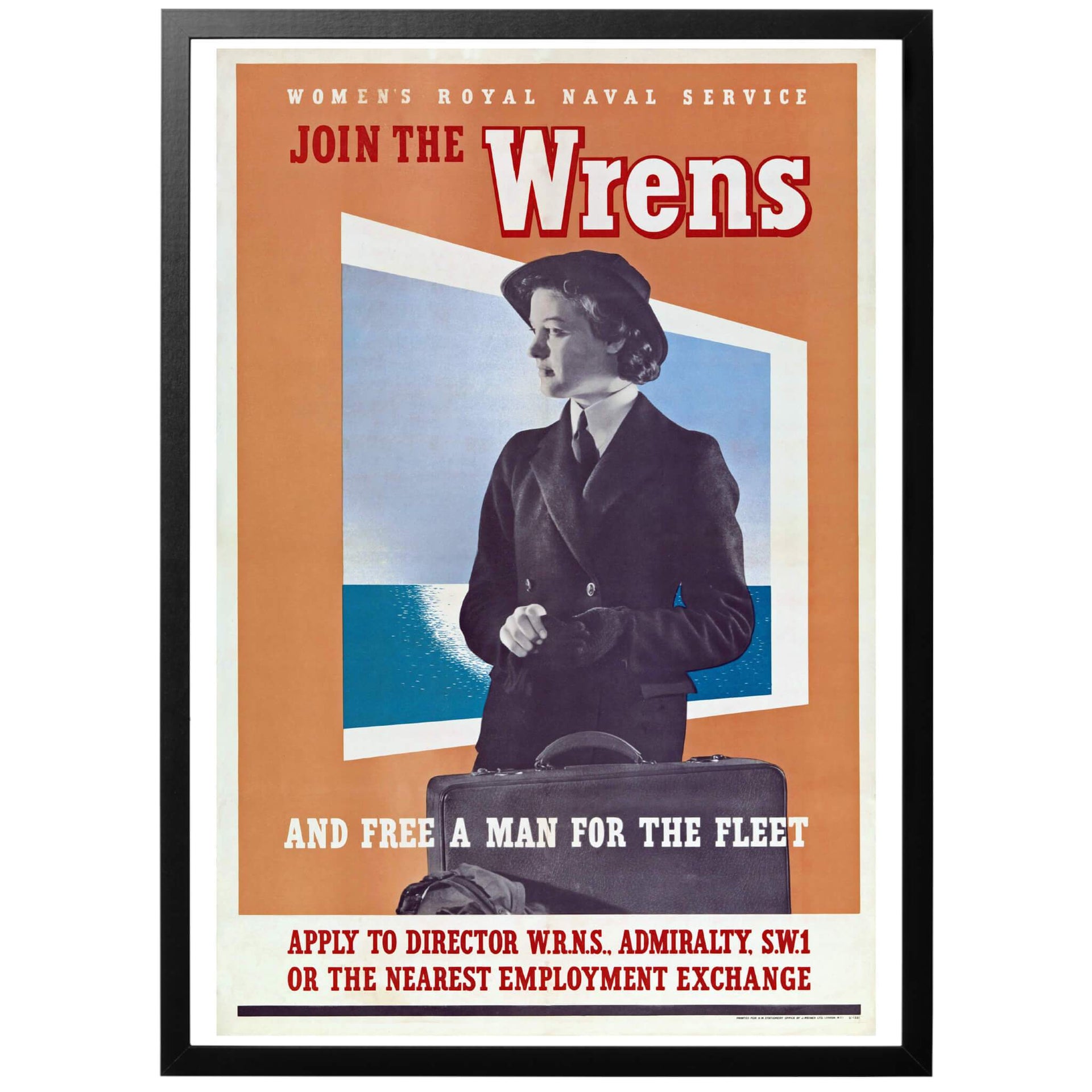 Join the Wrens and free a man for the fleet  - Anslut dig till Wrens och frigör en man till flottan" Brittisk WWII affisch. The Women's Royal Naval Service (WRENS) var den kvinnliga grenen i Royal Navy. Medlemmarna arbetade som kockar, biträden, telegrafister, elektriker och flygmekaniker.