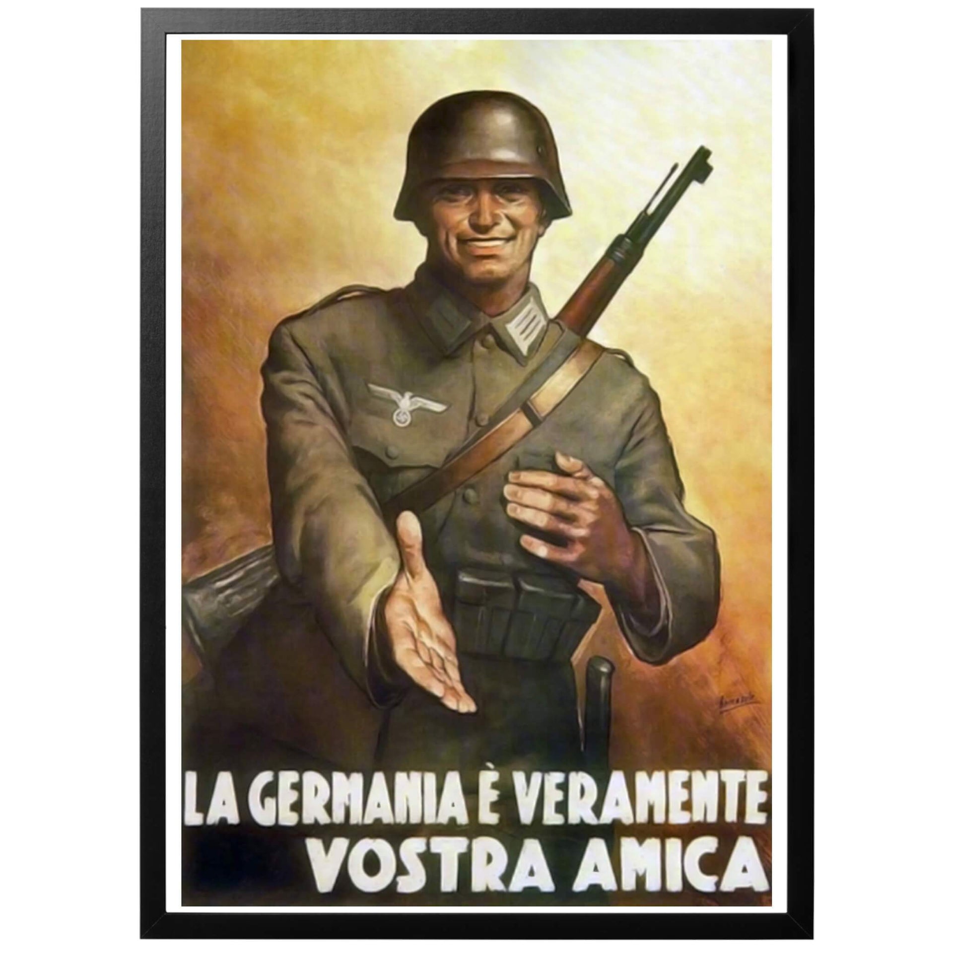 La germania é veramente vostra amica Sv - "Tyskland är verkligen din vän" Italiensk WWII affisch. Italiensk propagandaposter som uppmuntrar samarbete med de tyska trupperna.  Välj till ram - och få din poster inramad och klar! Frakt 59 kr inom Sverige - fri frakt från 450 kr! 
