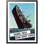 Loose talk can cost lives - Löst prat kan kosta liv Amerikansk WWII affisch från 1942 av Stevan Dohanos.  Den allierade fartygstrafiken under andra världskriget var extremt viktig för att hålla försvarskraften uppe i England och Sovjet.