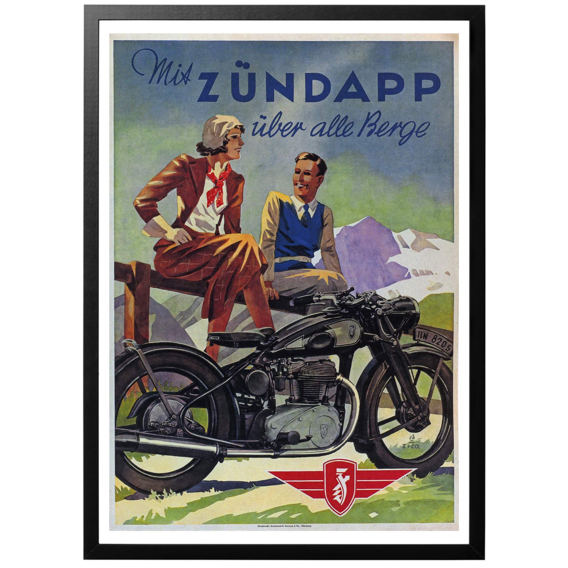 Mit Zündapp über alle Berge -Med Zündapp över bergen-Tysk motorcykelaffisch från 1938. En charmig reklamaffisch från motorcykeltillverkaren Zündapp, utgiven bara ett år innan krigsutbrottet. Under kriget kom man att bygga ett stort antal motorcyklar för den tyska armén, men också den lilla fjärrstyrda bandvagnen Goliath .