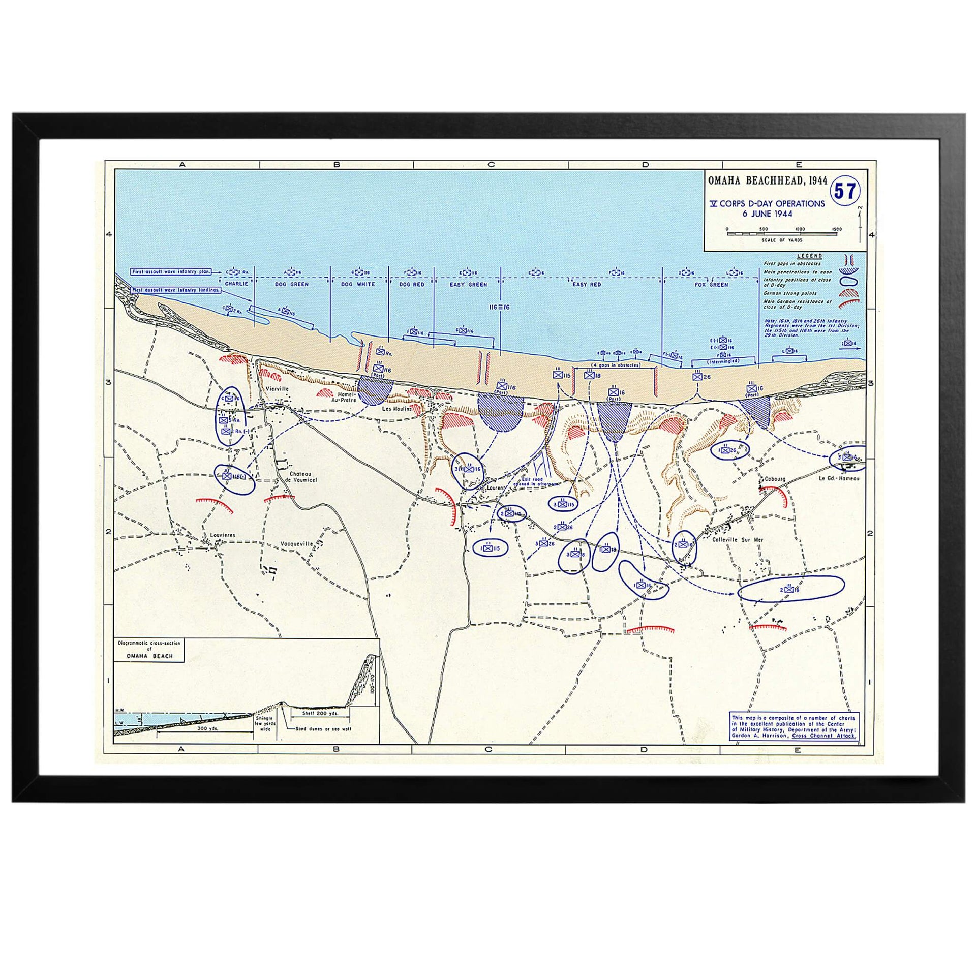 Omaha beach head map Amerikansk krigskarta En mycket intressant karta över det allierade brohuvudet på Omaha-sektionen av landstigningsområdet 6:e juni 1944. Denna sektion är mest känd och var den del där de allierade styrkorna mötte hårdast motstånd och åsamkades de största förlusterna under D dagen.