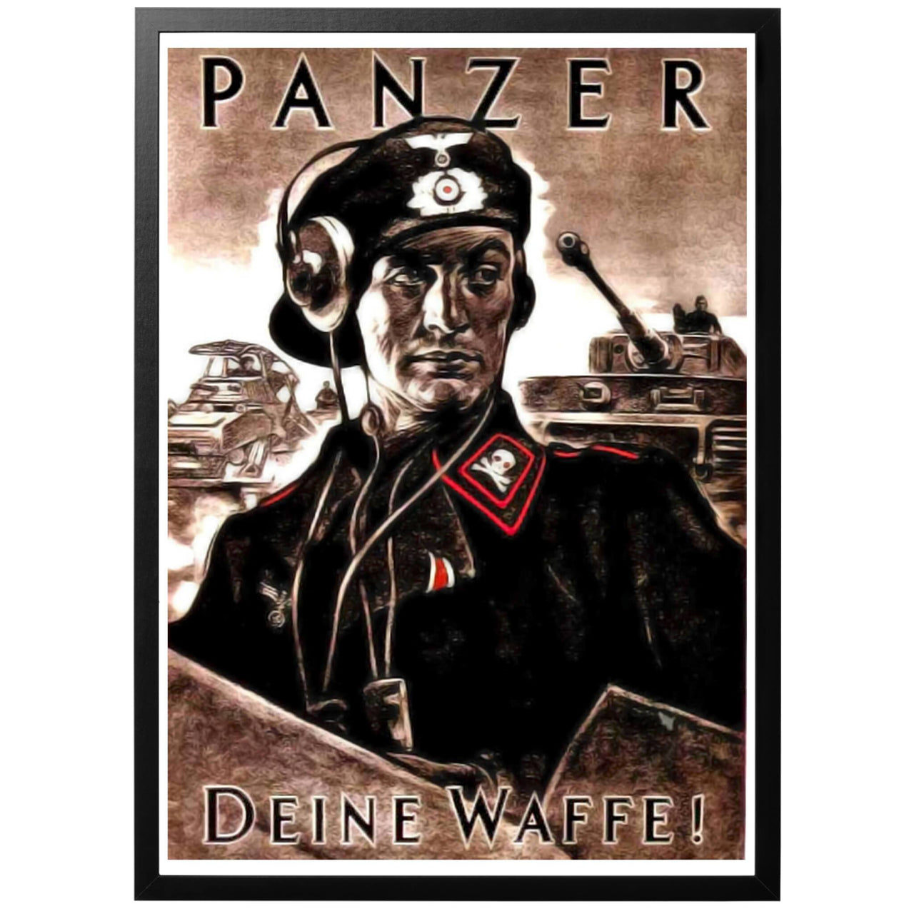 Tysk propagandaposter från andra världskriget. En besättningsman ur pansartrupperna i dess karakteristiska svarta uniform med rosa-rött trim. I bakgrunden en "Schwere Panzerspähwagen" och en PzKpfw VI Tiger.