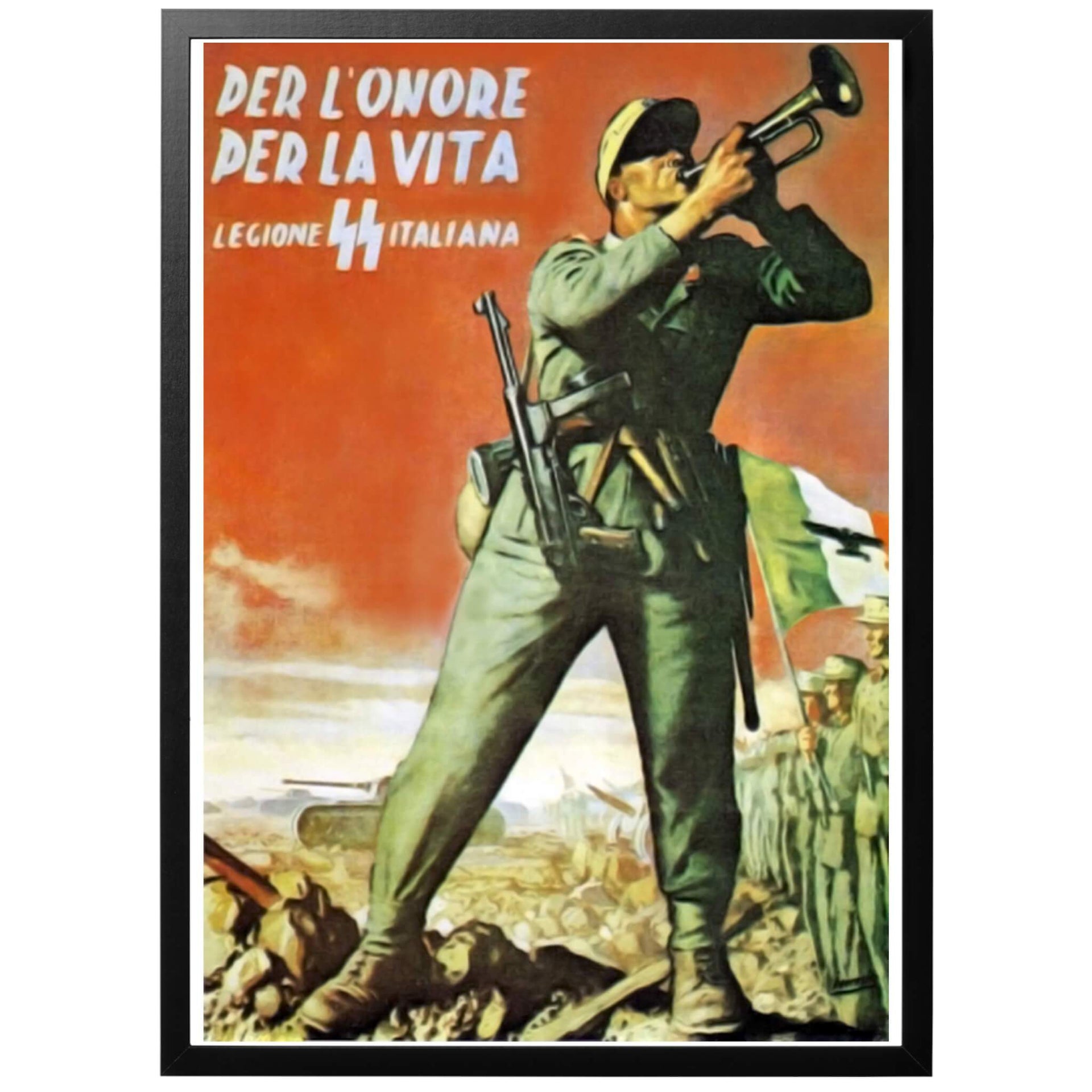 Per l'onore - Per la vita - Legione SS Italiana Sv - "För äran - För livet - Italienska SS-legionen" Italiensk WWII affisch Årtal: 1943. Affischens historia Italiensk rekryteringsposter för den italienska SS-divisonen, som skapades 1943 i den sk. Salòrepubliken.  Välj till ram - och få din poster inramad och klar!