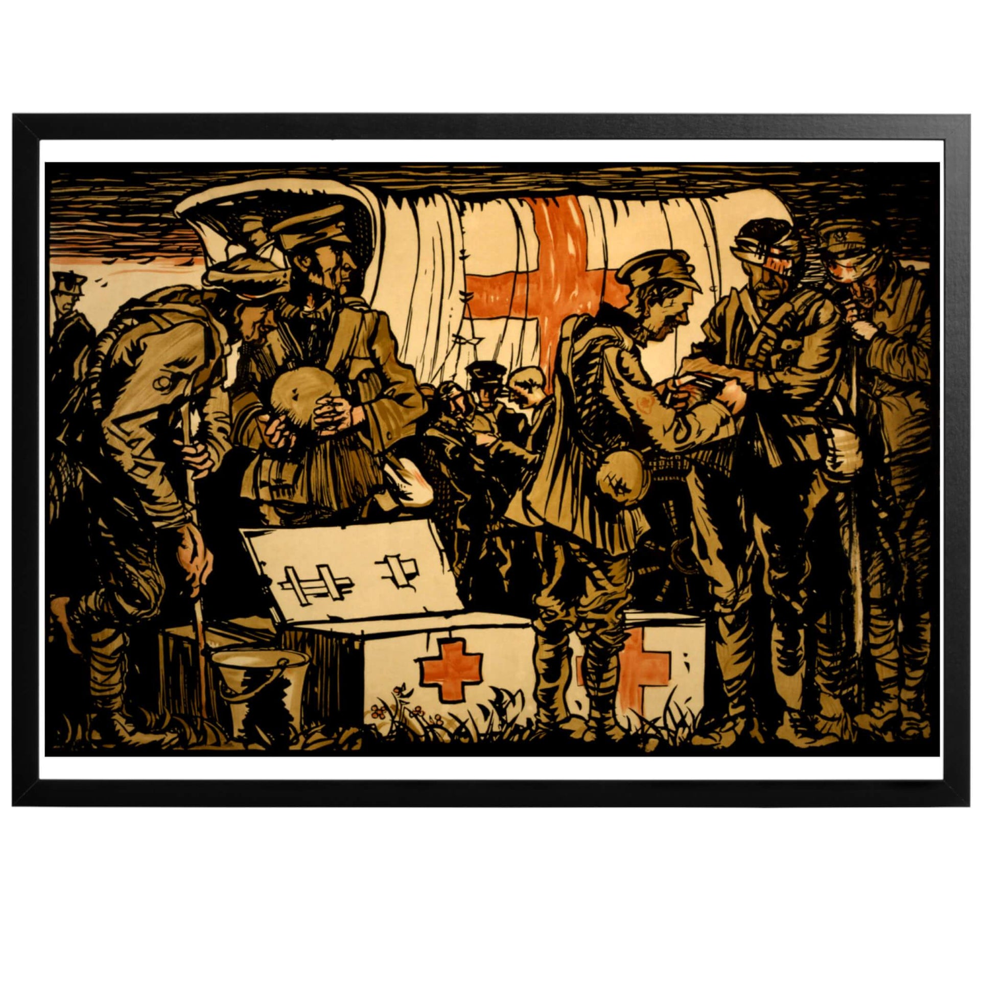 Affischen historia är okänd. Tavlan avbildar soldater som tar hand om andra sårade soldater under första världskriget. De Medicinska utrustningen kommer från den internationella organisationen Röda korset.