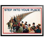 Step Into Your Place! - Fall in i ledet Brittisk WWI affisch - Brittisk rekryteringsposter från första världskriget publicerad 1915. Visar män från alla olika sociala klasser och yrken som tillsammans bildar en kolumn som marscherar ut i horisonten.
