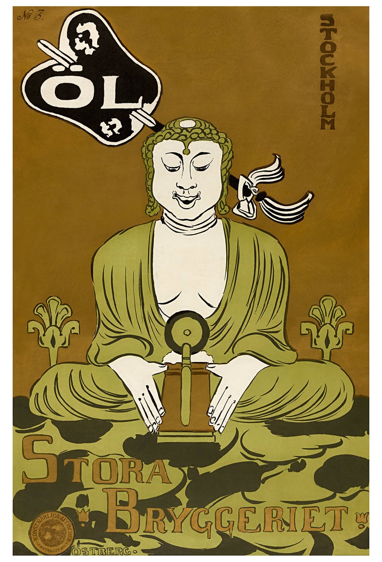 Svensk ölaffisch från 1890-talet. Anledningen för Buddhan i affischen är inte känd. Kanske en konstnärlig frihet tagen av skaparen Ragnar Östberg?