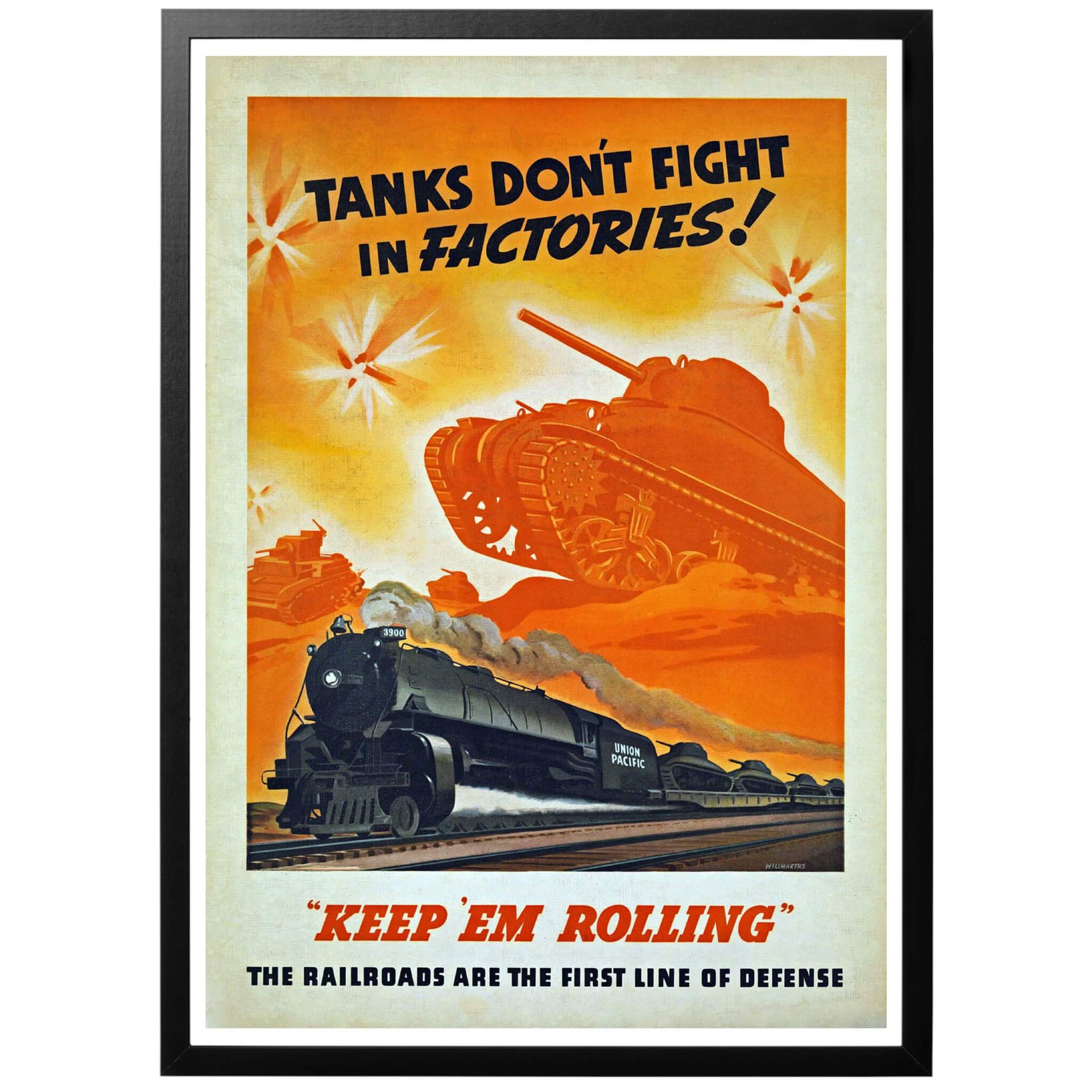 Tanks dont fight in factories! Keep em rolling - Stridsvagnar kämpar inte i fabriker - håll dem rullande Amerikansk WWII affisch. En fartfylld poster vars budskap är att krigsmateriel inte gör någon nytta om den inte kan transporterats till fronten! Stridsvagnar strider inte i fabriker! Håll tågen rullande!