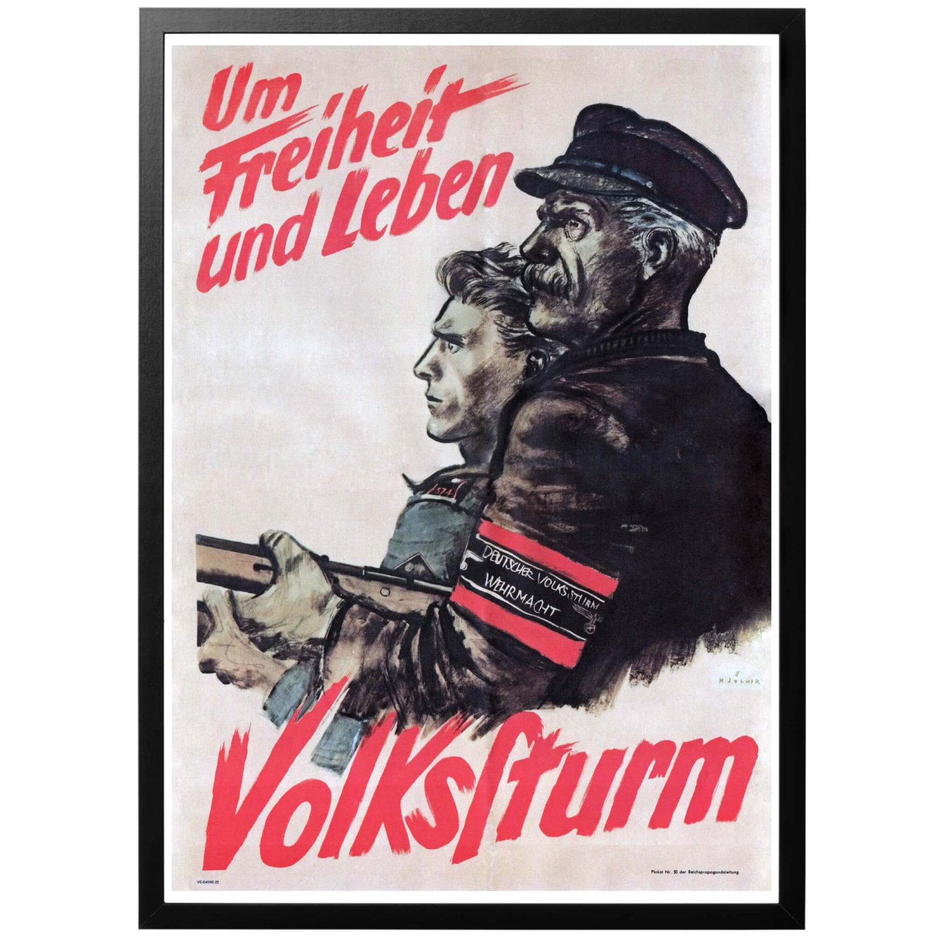 Um Freiheit und Leben - Volkssturm  Tysk WWII affisch från1944 av Hans Schweitzer (Mjölnir). Värvningsaffisch för Volkssturm (Folkstormen), en slags hemvärnsorganisation bildad 1944. Alla män mellan 16-60 år som inte var en del av krigsorganisationen eller hade ett arbete som var vitalt för samhället kallades in.
