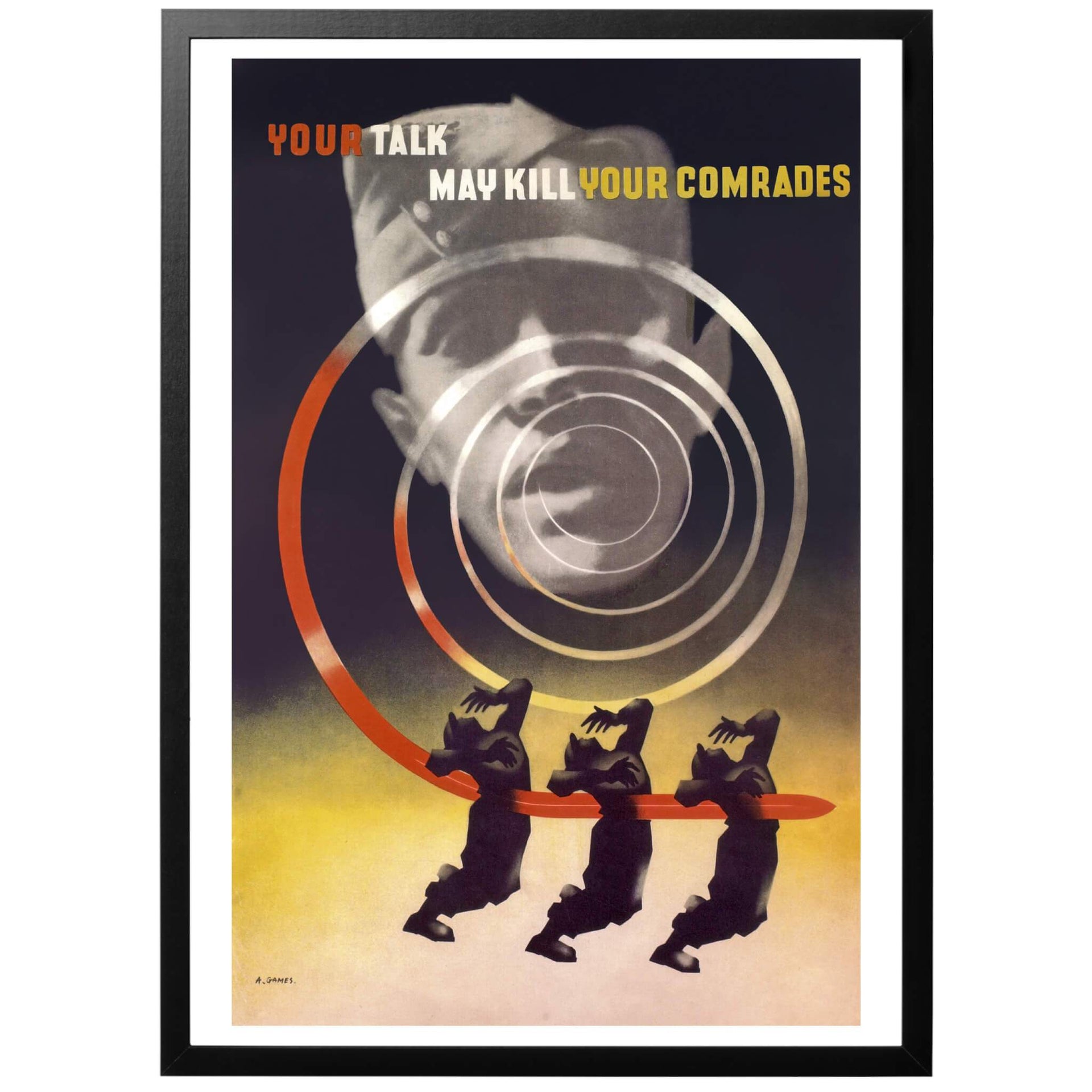 Your talk may kill your comrades/Ditt prat kan döda dina kamrater. Brittisk propagandaposter från 1942 som på ett ganska brutalt sätt visar faran med vårdslöst tal. Affischen är gjord av den kände grafiske designern Abram Games, som gjorde en rad mycket kända och uppskattade posters. 